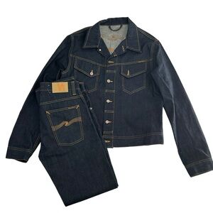 Nudie Jeans Jacket Set Men’s XL 32x32 Blue Raw Denim Trucker Two Piece Indigo